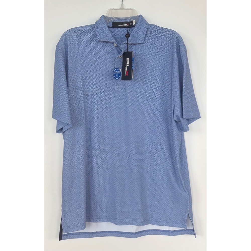 RLX‎ Ralph Lauren Mens M Performance Golf Polo Blue Greek Key Geometric Shirt